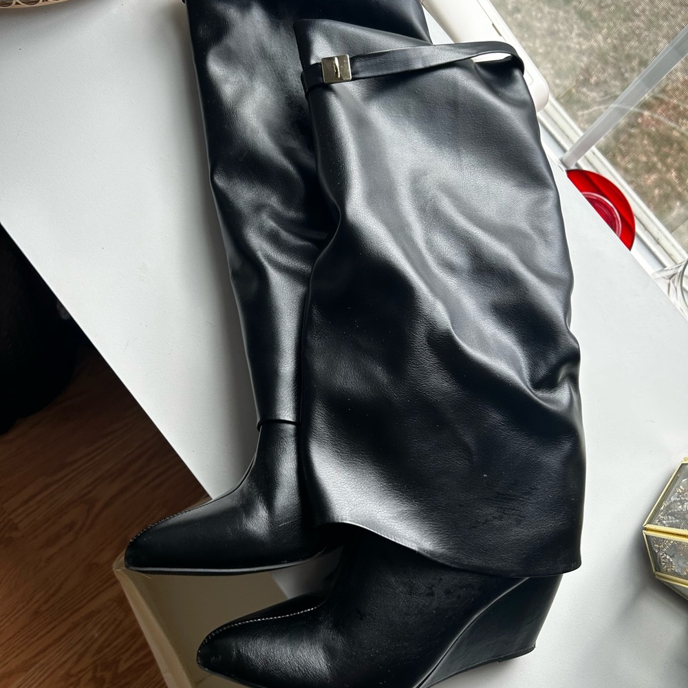 Black Wedge Knee-High Women's Shark Boots